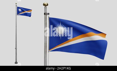 3D, Flagge von Marshallese winkt beim Wind. Nahaufnahme des Marshall-Banners, weiche und glatte Seide. Stoff Stoff Textur Fähnrich Hintergrund. Verwenden Sie es für NAAT Stockfoto