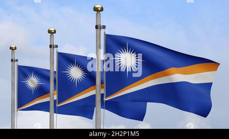 3D, Marschallesefahne winkt am Wind mit blauem Himmel und Wolken. Marshall Banner weht, weiche und glatte Seide. Stoff Stoff Textur Fähnrich Hintergrund. Stockfoto