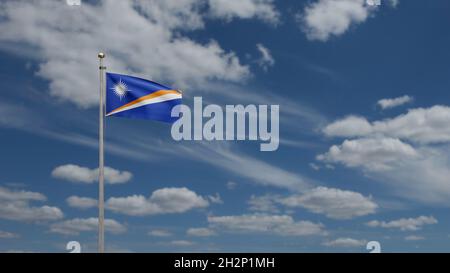 3D, Marschallesefahne winkt am Wind mit blauem Himmel und Wolken. Marshall Banner weht, weiche und glatte Seide. Stoff Stoff Textur Fähnrich Hintergrund. Stockfoto