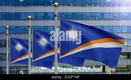 3D, marschallesische Flagge winkt auf Wind mit moderner Wolkenkratzerstadt. Marshall Banner weht, weiche und glatte Seide. Stoff Stoff Textur Fähnrich Hintergrund Stockfoto