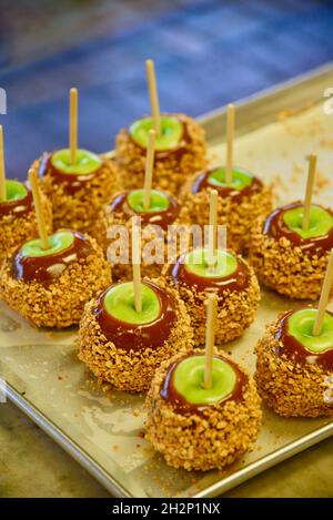 Frisch zubereitete Karamelläpfel mit grünen Äpfeln, Karamell und überzogen mit zerdrückter Erdnussauflage auf Tablett, Pigeon Forge, Tennessee, USA. Stockfoto