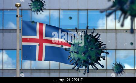 3D-Flagge mit moderner Wolkenkratzerstadt und Coronavirus 2019 NCoV-Konzept. Asiatischer Ausbruch in Island, Coronaviren Influenza als Dangerou Stockfoto