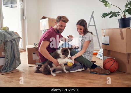 Niedliches junges kaukasisches Paar, das mit ihrem Hund in einer neuen Wohnung spielt und um sie herum ausgepackte Pappkartons hat Stockfoto