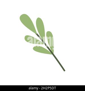 Niedlicher grüner Zweig. Doodle-Stil. Einfache flache Herbstikone. Stilisiertes Element, Clipart, Objekt, Gegenstand, Aufkleber für Poster, Karten-, Banner-, Paket-Design. Stock Vektor