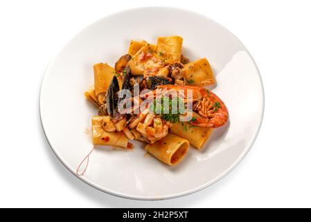 Paccheri Pasta mit Meeresfrüchten, typisch italienische Pasta mit Tomatensauce, Muscheln, Muscheln, Tintenfisch und Garnelen auf weißem Teller mit Petersilie auf weiß isoliert Stockfoto