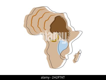 Schwarze afrikanische Frau im Linienkunststil, fortlaufende Linienzeichnung von Afro-Frau und afrikanische Kontinentalkarte. Bunte Vektor Linienarbeit Tattoo Symbol Logo Zeichen Stock Vektor
