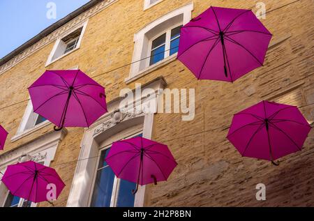 Magentafarbene Regenschirme über der Rue de Marechal Joffre, Cahors, Frankreich Stockfoto