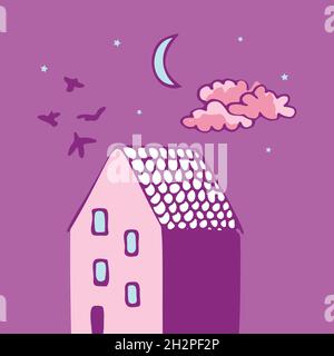 Vektor-Illustration eines Hauses mit Vögeln und Nachthimmel, Sternen und Mond. Doodle-Designelemente. Stock Vektor