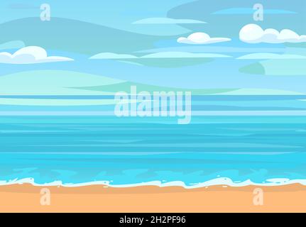 Strand am Meer. Sommerlandschaft. Weit weg ist der Ozeanhorizont. Ruhiges Wetter. Surfen Sie an den Wellen der Küste. Flache Illustration. Vektor. Stock Vektor