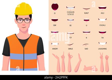 Bauarbeiter mit Sicherheitshelm und Weste Lip Sync und Face Animation Set Premium. Stock Vektor