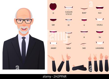 Geschäftsmann Mund Animation Set und Lip Sync Set Mann in schwarzem Anzug mit Handgesten Premium Vector Stock Vektor