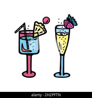 Set von Farbvektoren Illustrationen von Gläsern mit Cocktails mit Blasen, Ananas, Erdbeeren und Beeren. Stock Vektor
