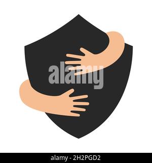 Menschliche Hände umarmen oder halten Schild Zeichen Vektor flache Illustration isoliert auf weißem Hintergrund. Kreatives Emblem mit schwarzem großen Sicherheitssymbol und umarmenden Armen. Logo mit einer Umarmung. Stock Vektor