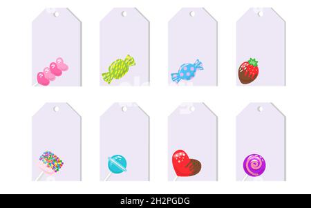 Candy Frame Badge Vorlage Süßigkeiten, Marschmalow, harte Süßigkeiten auf Stick, Gelee-Wurm, Schokoladenherz, Erdbeere. Dekor für Candys Shop Banner. Bonbon für Café und Restaurant-Menü. Vektorgrafik Stock Vektor