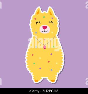Alpaca Lama trägt eine Halskette, ein Medaillon um seinen Hals und lächelt, Aufkleber, Etikett. Glückwunschkarte, Banner oder Poster für Textilien, Etui oder Print. Vektorgrafik Stock Vektor