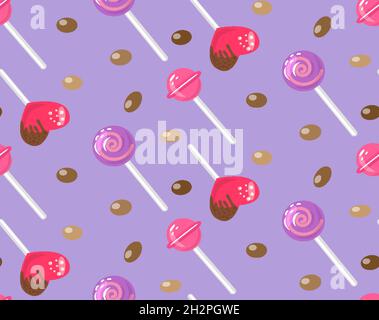 Candy nahtlose Muster lila Hintergrund mit bunten Süßigkeiten, leckere Karamelle, Herzen, Lutscher, Schokolade Dragee. Designdekor für Textilien, Menü, Kindergeschirr, Notizbücher. Vektorgrafik Stock Vektor