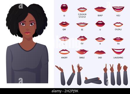 Face Animation und Lip Sync Set, hübsche afroamerikanische schwarze Frau mit grauem Hemd und lockigen Afro-Haaren. Stock Vektor