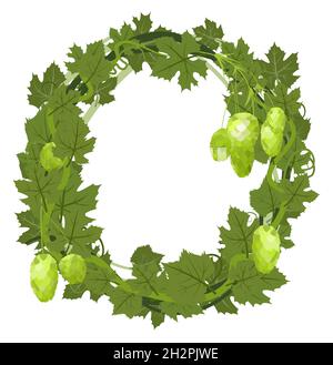 Runder Rahmen mit Hopfen. Ein Zweig mit dichten Blättern und Kegeln. Schlaffe Triebe mit Blättern. Wilde Natur. Flache Illustration mit Platz für Text Stock Vektor