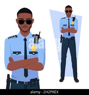 Schwarzer Polizist mit gefalteten Armen, Uniform und Sonnenbrille Premium Vector Stock Vektor
