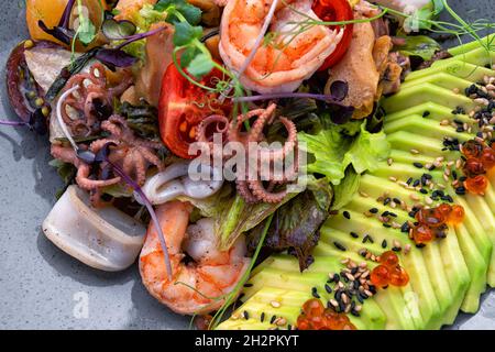 Meeresfrüchte-Salat mit Avocado, Garnelen, Jakobsmuscheln, Tintenfisch Stockfoto