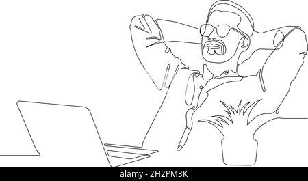 Eine Einzelzeilenzeichnung eines jungen Mannes in Sit Relax im Heimbüro Stock Vektor