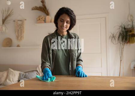 Professionelle Reiniger, Hausfrau, Zimmermädchen Reinigung Möbel in der Wohnung Stockfoto