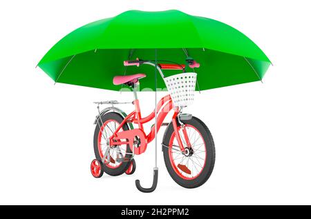 Dreirad Kinder Fahrrad unter Regenschirm, 3D-Rendering isoliert auf weißem Hintergrund Stockfoto