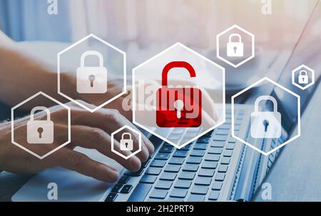 Hacker-Angriff und Datenpanne, Cybersicherheit, Informationsschutzkonzept Stockfoto