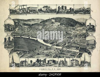 Illustration eines Kupferstichs aus dem 19. Jahrhundert der Corning City im US-Bundesstaat New York Stockfoto