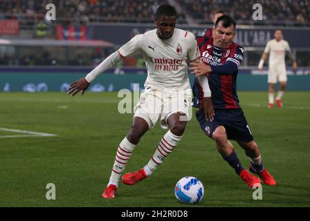 Bologna, Italien, 23. Oktober 2021. Gary Medel vom FC Bologna fordert Fode Ballo-Toure vom AC Mailand während des Spiels der Serie A in Renato Dall'Ara, Bologna, heraus. Bildnachweis sollte lauten: Jonathan Moscrop / Sportimage Stockfoto
