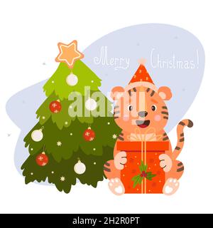 Niedlicher Tiger in Weihnachtsmann Hut mit großer Geschenkbox und Weihnachtsbaum mit Weihnachtskugeln. Vektorgrafik. Schönes neues Jahr Tier Symbol von 2022 für Stock Vektor
