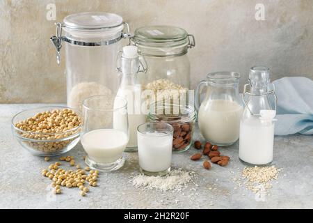 Zutaten für hausgemachte vegane Milch aus Sojabohnen, Kokosnuss, Mandeln Haferflocken und Reis in Flaschen und Gläsern, rustikaler Hintergrund mit Kopierfläche, selec Stockfoto