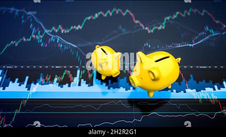 3d-Illustration von Sparschweinen mit Börsendiagrammen oder Diagrammen, die Finanz- und etf-Strategien zum Sparen und Verdienen von Geld zeigen Stockfoto