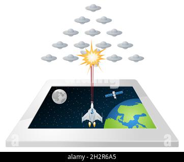 Weltraum-Spiel auf Tablet. Vektorgrafik. Stock Vektor