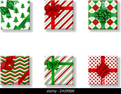 Set von isolierten weihnachts-Geschenkboxen. Draufsicht Stock Vektor
