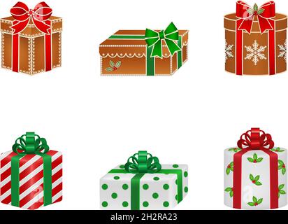 Set von isolierten Geschenk-Boxen geformt Kuchen. weihnachten Lebkuchen Geschenkboxen. Stock Vektor