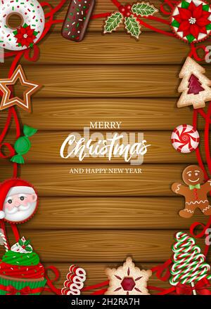 Fröhliches weihnachts-Poster mit Keksen, Süßigkeiten und Kuchen auf Holzhintergrund Stock Vektor