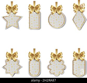Set von weihnachts-Preisschildern mit goldenen Schleifen und Bändern. Winter-Geschenk-Tags mit Sternen-Textur Stock Vektor