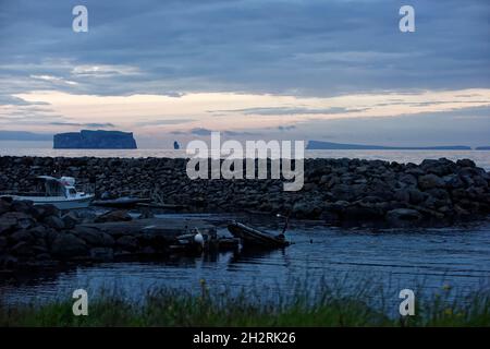 Drangey ist eine unbewohnte Insel, günstiges, sterben in der Mitte des Fjordes Skagafjörður Novalja ist. Papageitaucher. Küstenlandschaft auf der Trollaska Stockfoto