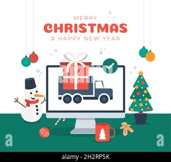 Weihnachten Geschenk-Lieferung. Online-Shopping logistischen LKW Lieferung Geschenk-Tag. Online-Lieferung kontaktloser Service nach Hause, ins Büro per LKW. Stock Vektor