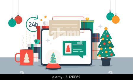 Weihnachten chatten auf dem Tablet. Chat-Nachrichten auf Computer Online-Vektor-Illustration, flachen Cartoon-Arbeitsplatz oder Schreibtisch Laptop-pc mit Chat Bub Stock Vektor
