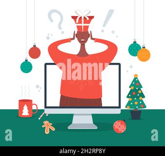 Welches Geschenk zu Konzept wählen. Schockierter Mann in einem Neujahrs- oder Weihnachtsanzug wählt Geschenke auf dem Computerbildschirm aus. Flache Cartoon Vektor Stock Illustration. Stock Vektor