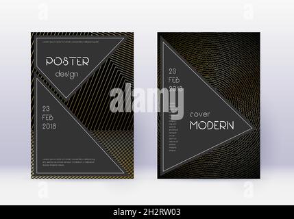 Design-Vorlagensatz für schwarze Abdeckung. Goldene abstrakte Linien auf schwarzem Hintergrund. Tatsächliches Abdeckungsdesign. Schöner Katalog, Poster, Buchvorlage etc. Stock Vektor