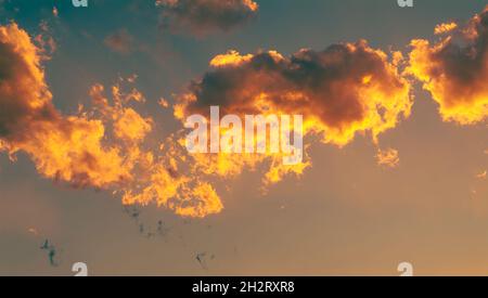 Flauschige Wolken, die von den Farben des Sonnenuntergangs erhellt werden. Kein Landblick, nur Himmel. Stockfoto