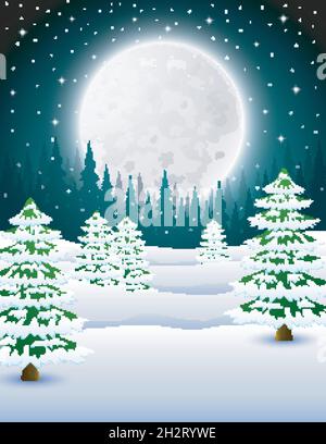 Cartoon der Winternacht Hintergrund mit Kiefern in der Nacht Stock Vektor