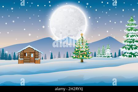 Blick auf Holzhäuser und weihnachtsbäume in der Winterlandschaft Stock Vektor