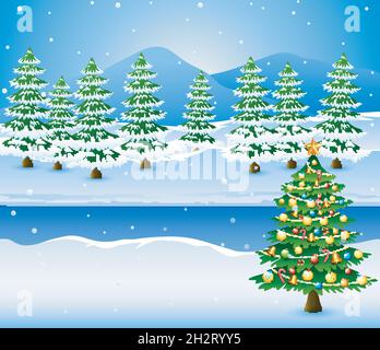 Weihnachtsbaum im Winter mit Kiefern im Hintergrund dekoriert Stock Vektor