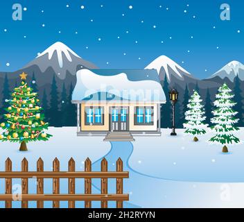 Winternacht mit weihnachtsbäumen, verschneiten Haus und einem Berg Hintergrund Stock Vektor