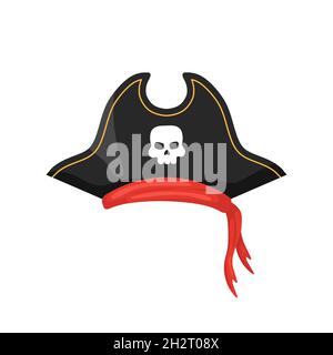 Piratenhut mit Totenkopf. Karnevalskostüm Requisiten. Party-Abenteuer. Piratensymbol auf weißem Hintergrund isoliert. Vektor-Illustration im flachen Cartoon-Stil Stock Vektor