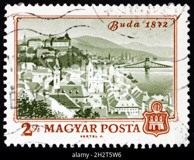 UNGARN - UM 1972: Eine in Ungarn gedruckte Briefmarke zeigt Buda, 1872, 100. Jahrestag der Vereinigung von Obuda, Buda und Pest in Budapest, um 1972 Stockfoto